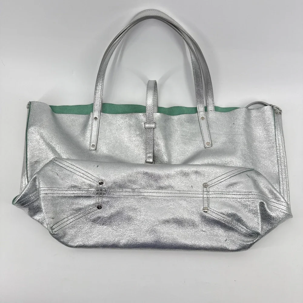 Tiffany & Co Metallic Silver Leather Reversible Tote Bag Tiffany Blue Suede LRG